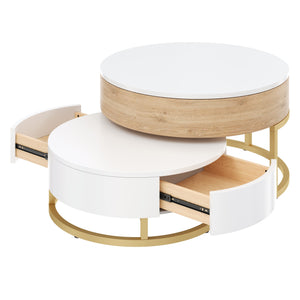 English Elm Modern Round Lift-Top Nesting Coffee Tables with Drawers, White & Natural — Stylish Space-Saving Duo CH338993AAK