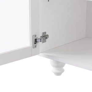 English Elm ON-TREND Farmhouse TV Stand 63" with Tempered Glass Doors, Adjustable Shelves, Solid Wood Legs, Elegant Storage White+Natural N721P206052K