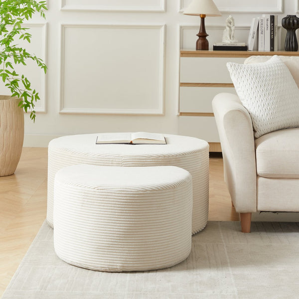 English Elm Nesting Foam Upholstered Round Coffee Tables Set of 2 — No Assembly, Multipurpose Ottoman Side Table Beige W834P326382