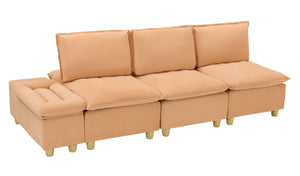 English Elm 104-inch pumpkin flannel three-seater sofa with storage cabinet, cup holders, adjustable backrest, comfy modern design Light Brown W1658S00095