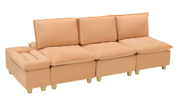 English Elm 104-inch pumpkin flannel three-seater sofa with storage cabinet, cup holders, adjustable backrest, comfy modern design Light Brown W1658S00095