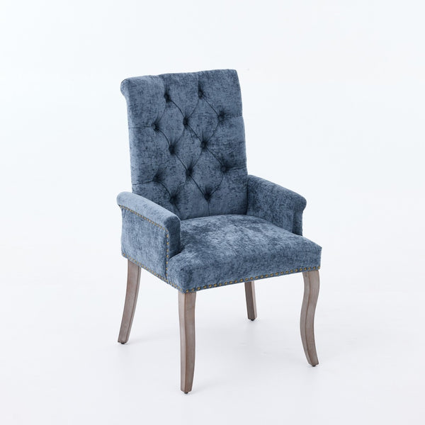 English Elm Upholstered Chenille Club Dining Chair Tufted High Back with Curved Solid Wood Legs Blue W1143P449346