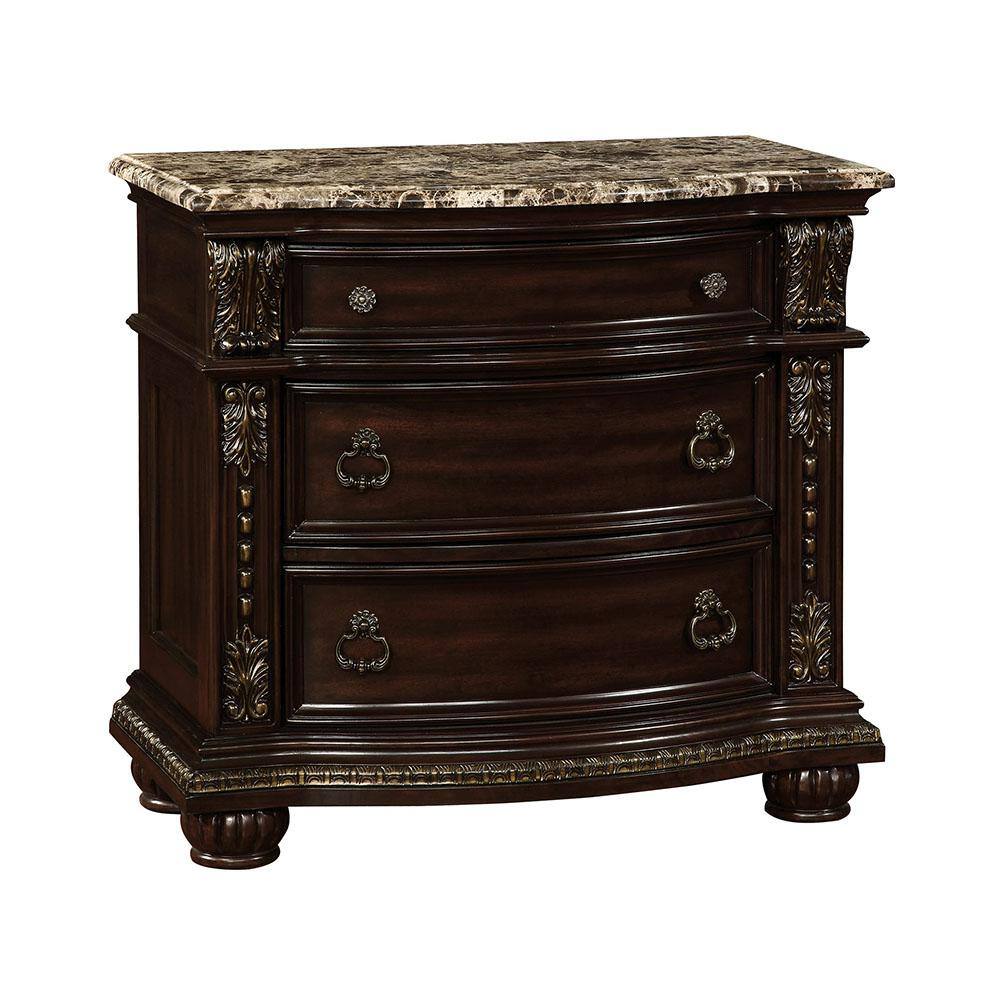 English Elm Formal Traditional Nightstand with Genuine Marble Top, 3 Drawers, Brown Cherry Wood, Felt-Lined Topочный B011P251255