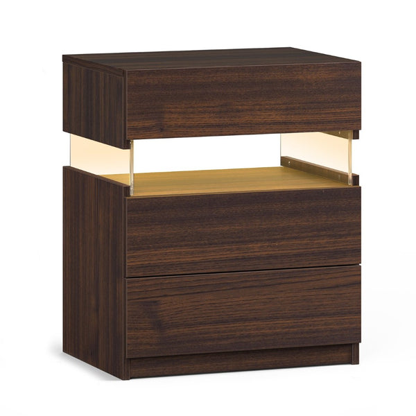English Elm Led Nightstand with Rgb Acrylic Glow Panel Three Drawers Walnut Bedroom Table W2178P412301