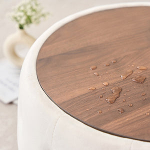 English Elm Ball Cast Round Nesting Ottoman Set Linen Upholstered Hidden Storage with Wooden Tray Beige W3163P379358