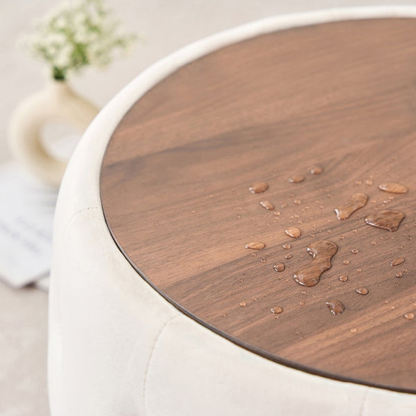 English Elm Ball Cast Round Nesting Ottoman Set Linen Upholstered Hidden Storage with Wooden Tray Beige W3163P379358