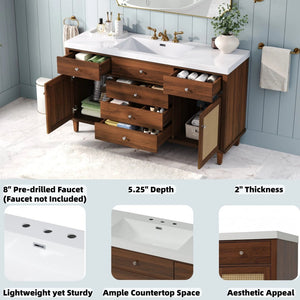 English Elm 60" Boutique Bathroom Vanity Rattan Doors Soft Close Drawers Smc Sink Pine Legs Brown N817P397678B