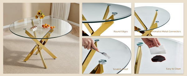 English Elm Modern Round Tempered Glass Dining Table with Glam Gold Iron Base for Compact Spaces Golden W3590S00009