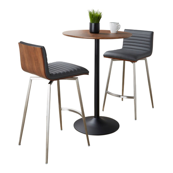 English Elm - Mid-century Modern 3 Piece Counter Bar Set Swivel Stools Walnut Faux Leather Grey B202S01417