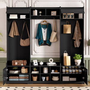 English Elm VIBE Modern Hall Tree with Shoe Cabinets, 3-Seat Bench, 7 Hooks & Adjustable Shelves, 79" wide Black SJ000147AAB