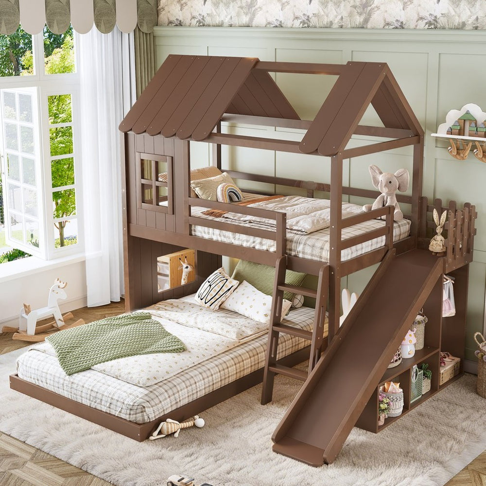 English Elm Twin Over Full Playhouse Bunk Bed with Slide Ladder Storage Shelves and Wardrobe Antique Natural W5305S00041