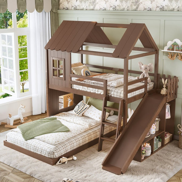 English Elm Twin Over Full Playhouse Bunk Bed with Slide Ladder Storage Shelves and Wardrobe Antique Natural W5305S00041