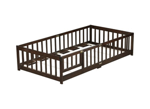 English Elm Twin Low Profile Rubberwood Floor Bed with Full Safety Fence for Toddler Rooms Espresso W504P429279
