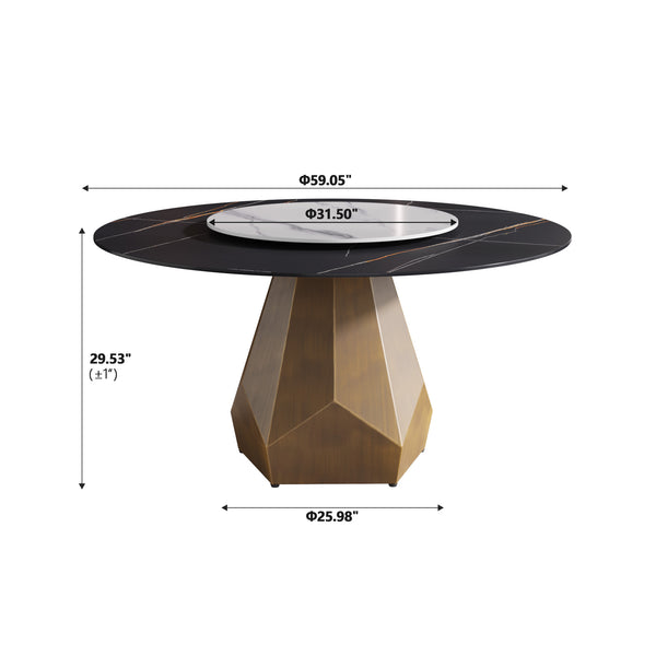 English Elm 59.05" Round Marble Dining Table With Turntable - Seats 6-8, Stylish Metal Base & Easy-Clean Surface W1535S00375