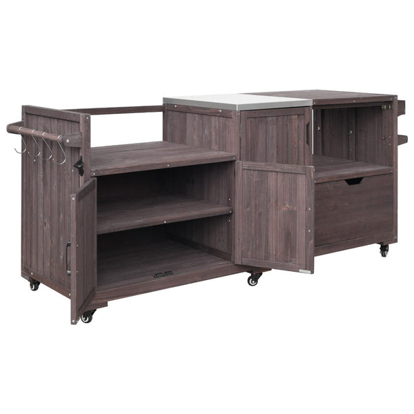 English Elm K&k 80.5 Inch Outdoor Kitchen Island Solid Fir Wood Stainless Steel Grill Cart Station Brown N707P392140Z