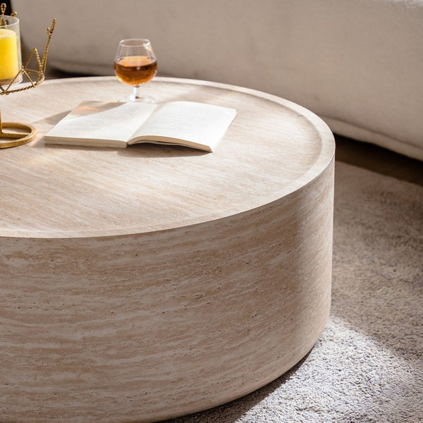 English Elm 31.5'' Round Drum Coffee Table with Amber Mars Texture for Modern Living Rooms W3081P394278