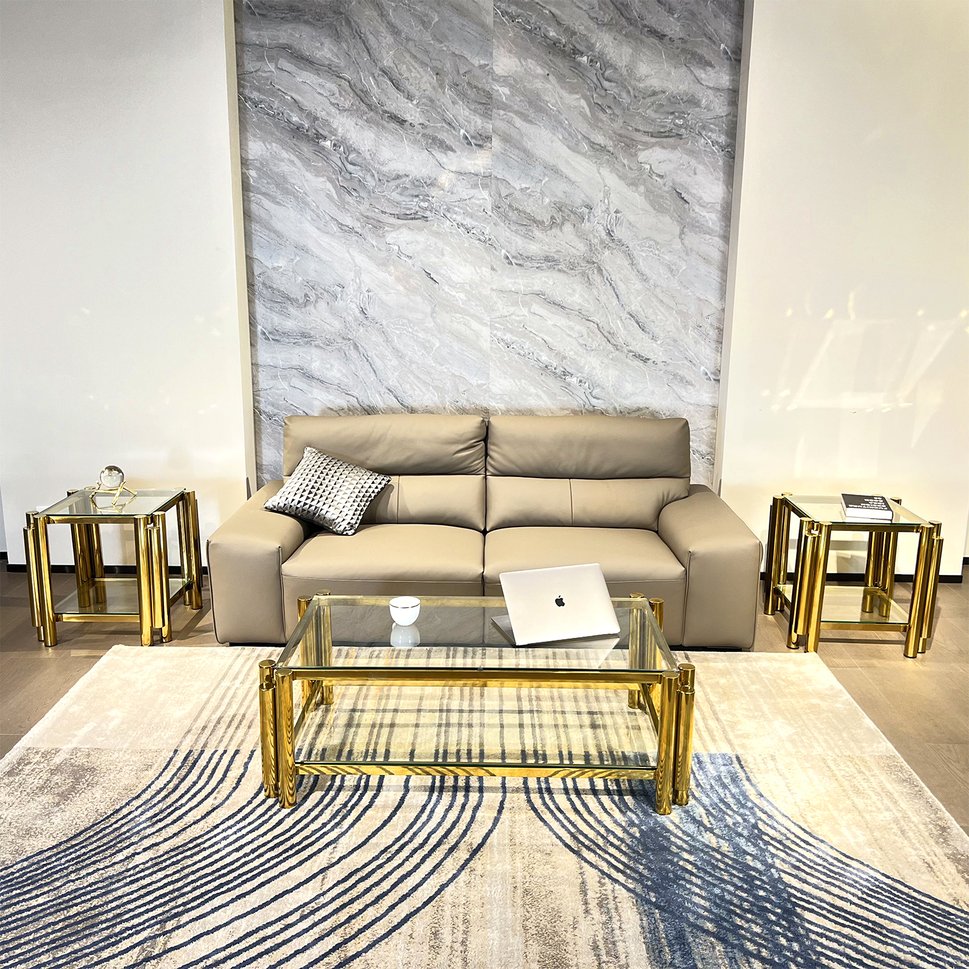 English Elm Modern 3-Piece Coffee Table Set With Double-Layer Tempered Glass & Gold Stainless Steel Finish W2978S00047