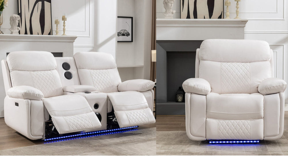 English Elm Zpm046 Power Reclining Loveseat Set With Bluetooth Speakers, Led Lights & Usb Charger - White Elegance W1805S00137-GIGA