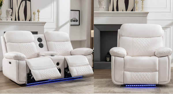 English Elm Zpm046 Power Reclining Loveseat Set With Bluetooth Speakers, Led Lights & Usb Charger - White Elegance W1805S00137-GIGA