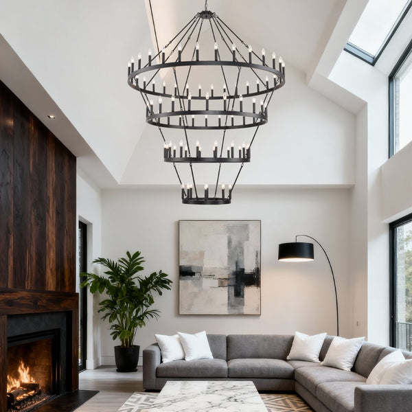 English Elm 69.3 Inch Four Tier Wagon Wheel Chandelier Matte Black Metal 80 Light Farmhouse Foyer W5008P392692