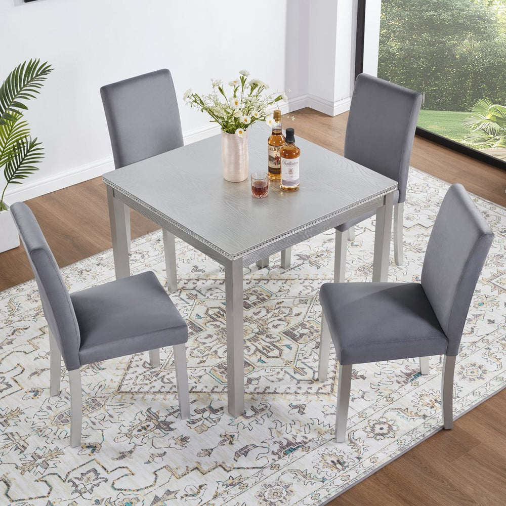 English Elm 5 Piece Wooden Dining Table Set - Elegant Square Table & 4 Upholstered Chairs With Crystal Accents W1998S00068