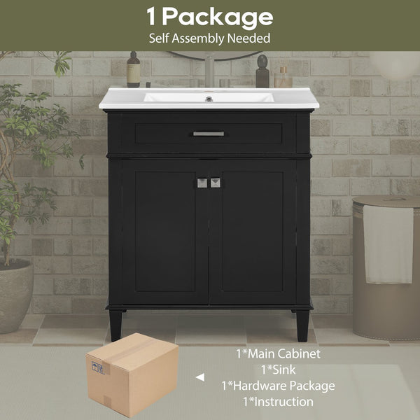 English Elm 30-inch bathroom vanity with ceramic basin, solid wood frame, soft-close doors and adjustable shelves for organized style and lasting durability Black N729P173380B