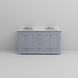 English Elm Dark Grey Double Bath Vanity 60" W x 22" D with White Quartz Top, Soft-Close Drawers & Chrome Faucet Set B2731P258376
