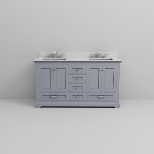 English Elm Dark Grey Double Bath Vanity 60" W x 22" D with White Quartz Top, Soft-Close Drawers & Chrome Faucet Set B2731P258376