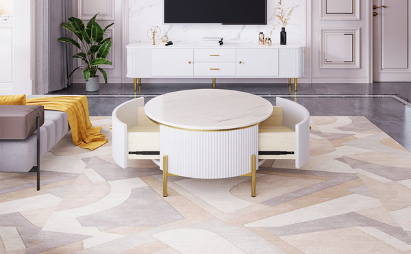 English Elm Modern Round Coffee Table with 2 Large Drawers, Marble-Pattern MDF Top & Gold Legs for Stylish Storage N735P211280K