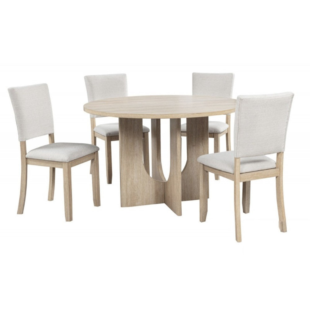 English Elm 5 Piece Round Oak Dining Set with Sculptural Base and Four Upholstered Chairs B011S01918