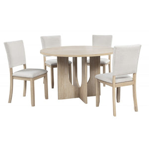 English Elm 5 Piece Round Oak Dining Set with Sculptural Base and Four Upholstered Chairs B011S01918