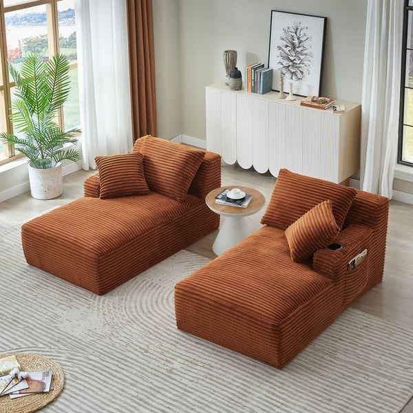 English Elm Compressible Corduroy Double Chaise Lounge with Cupholders, No Assembly, Spring-Padded Comfort Sleeps 94 Orange W2339P346394