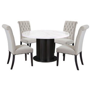 English Elm Sherry Round Marble Dining Set with 4 Tufted Linen Chairs, Nailhead Trim & Scalloped Pedestal Base B062S01195