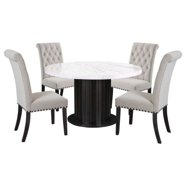 English Elm Sherry Round Marble Dining Set with 4 Tufted Linen Chairs, Nailhead Trim & Scalloped Pedestal Base B062S01195