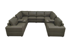 English Elm Premium Leather Match L-shaped Sectional with Dual Recliners and Built-in Console Olive Green B2748S00162