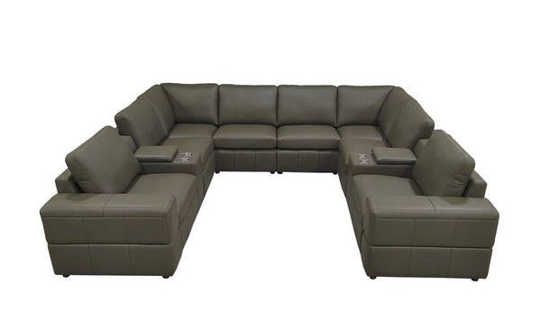 English Elm Premium Leather Match L-shaped Sectional with Dual Recliners and Built-in Console Olive Green B2748S00162