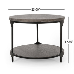 English Elm Christopher Knight Home® - COFFEE Lenka Modern Industrial Round Coffee Table - Gray Faux Wood Top, Black Iron Frame, Shelf Durable Design 67506.00GRY