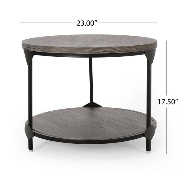 English Elm Christopher Knight Home® - COFFEE Lenka Modern Industrial Round Coffee Table - Gray Faux Wood Top, Black Iron Frame, Shelf Durable Design 67506.00GRY