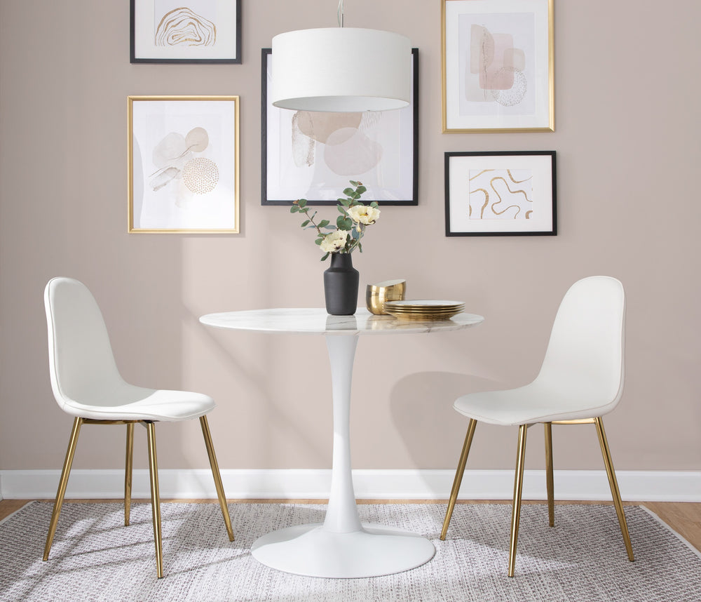English Elm Pebble Round Modern Dining Table with White Marble Veneer Top and White Metal Pedestal Base B202S01130