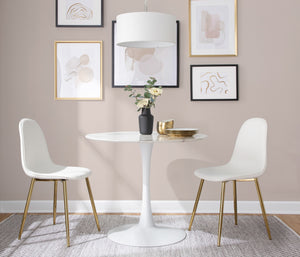 English Elm Pebble Round Modern Dining Table with White Marble Veneer Top and White Metal Pedestal Base B202S01130