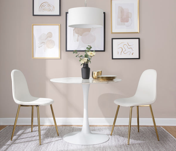 English Elm Pebble Round Modern Dining Table with White Marble Veneer Top and White Metal Pedestal Base B202S01130