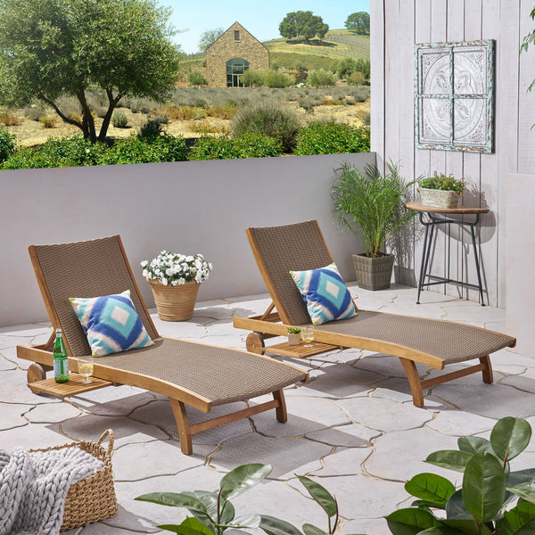 English Elm Christopher Knight Home® - BANZAI Chaise Lounge Set of 2 Brown Leather with Pull-Out Tray, Adjustable Recline, Woven PE Wicker Wheels 63124.00MP2