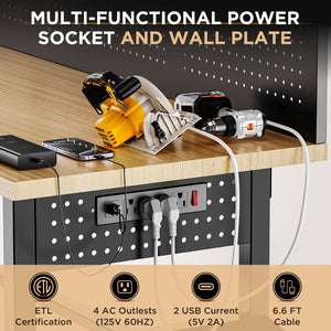 English Elm 60″ 60" Heavy Duty Garage Workbench Solid Wood Top Steel Frame with Led Light and Power Strip W3190P401362