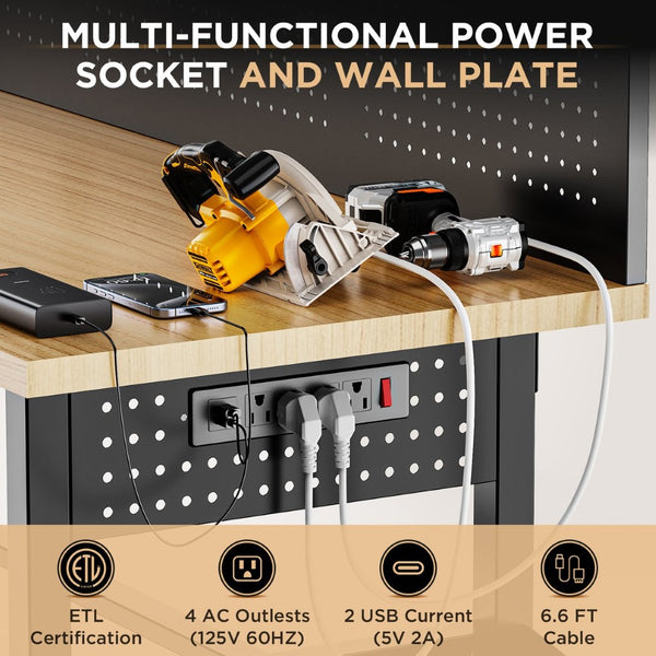 English Elm 60″ 60" Heavy Duty Garage Workbench Solid Wood Top Steel Frame with Led Light and Power Strip W3190P401362