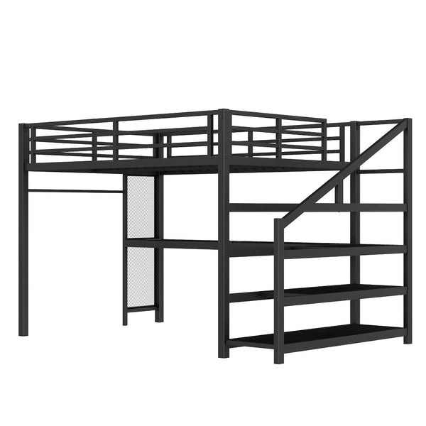 English Elm Twin Xl Metal Loft Bed with Stair Storage Shelves Sturdy Steel Frame for Dorms W1580S00434