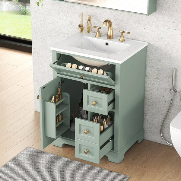 English Elm "24'' 24 Inch Glossy Freestanding Bathroom Vanity with Gold Hardware and Soft Close Storage Green Pinewood N725P375495F
