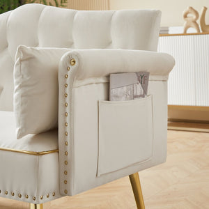 English Elm Black Velvet Tufted Two Seater Sofa with Metal Legs for Studio and Small Living Spaces Cream White W3985P401359