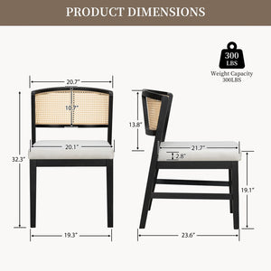 English Elm Rattan Back Armless Dining Chairs Upholstered Seat Rubberwood Frame Kitchen Set of 2 Black+Beige N842P400687B