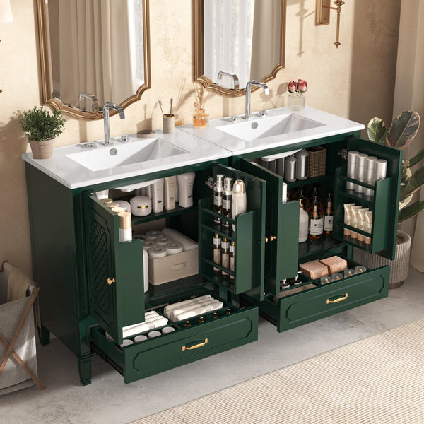 English Elm Christopher Knight Home® - 60" Bathroom Vanity Double Sink Freestanding Set with Ceramic Tops, Ample Adjustable Storage Green N759S313313F