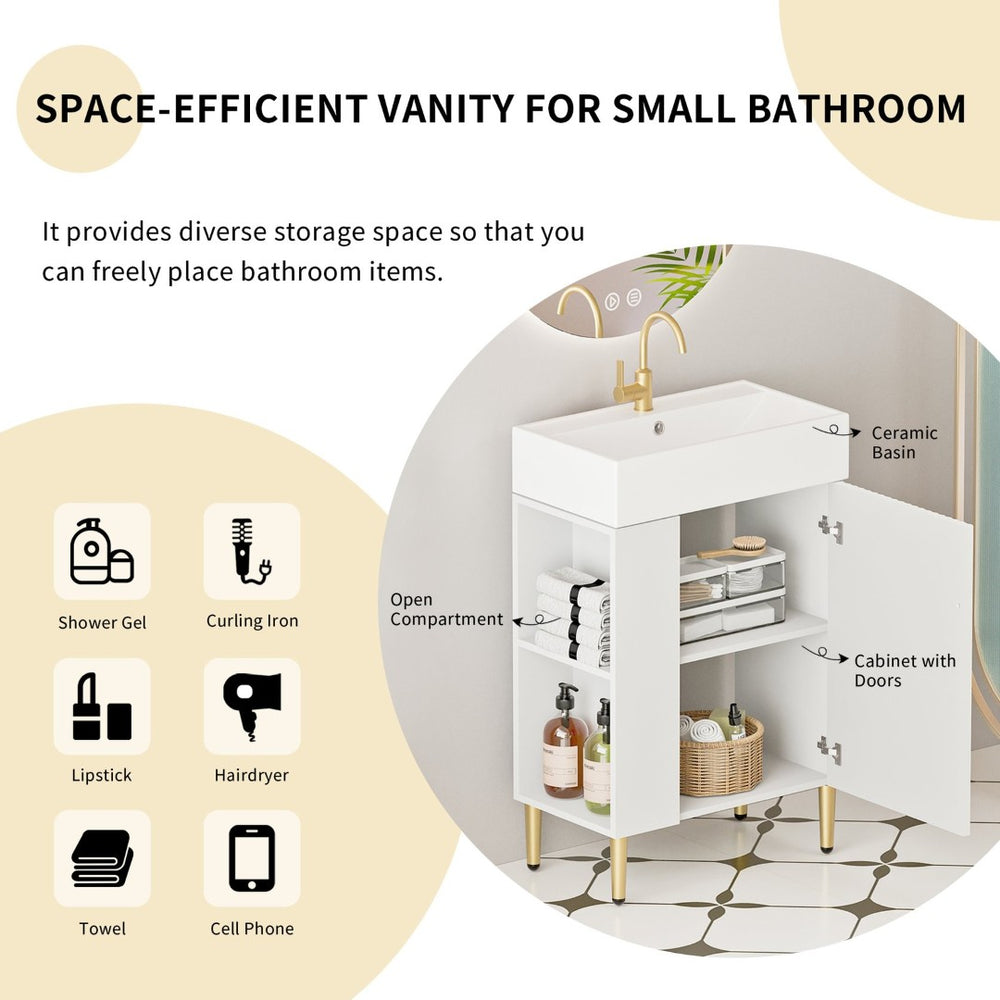 English Elm 21.6" Bathroom Vanity with Ceramic Sink Open Shelf Wave Door White Finish W1573S00019